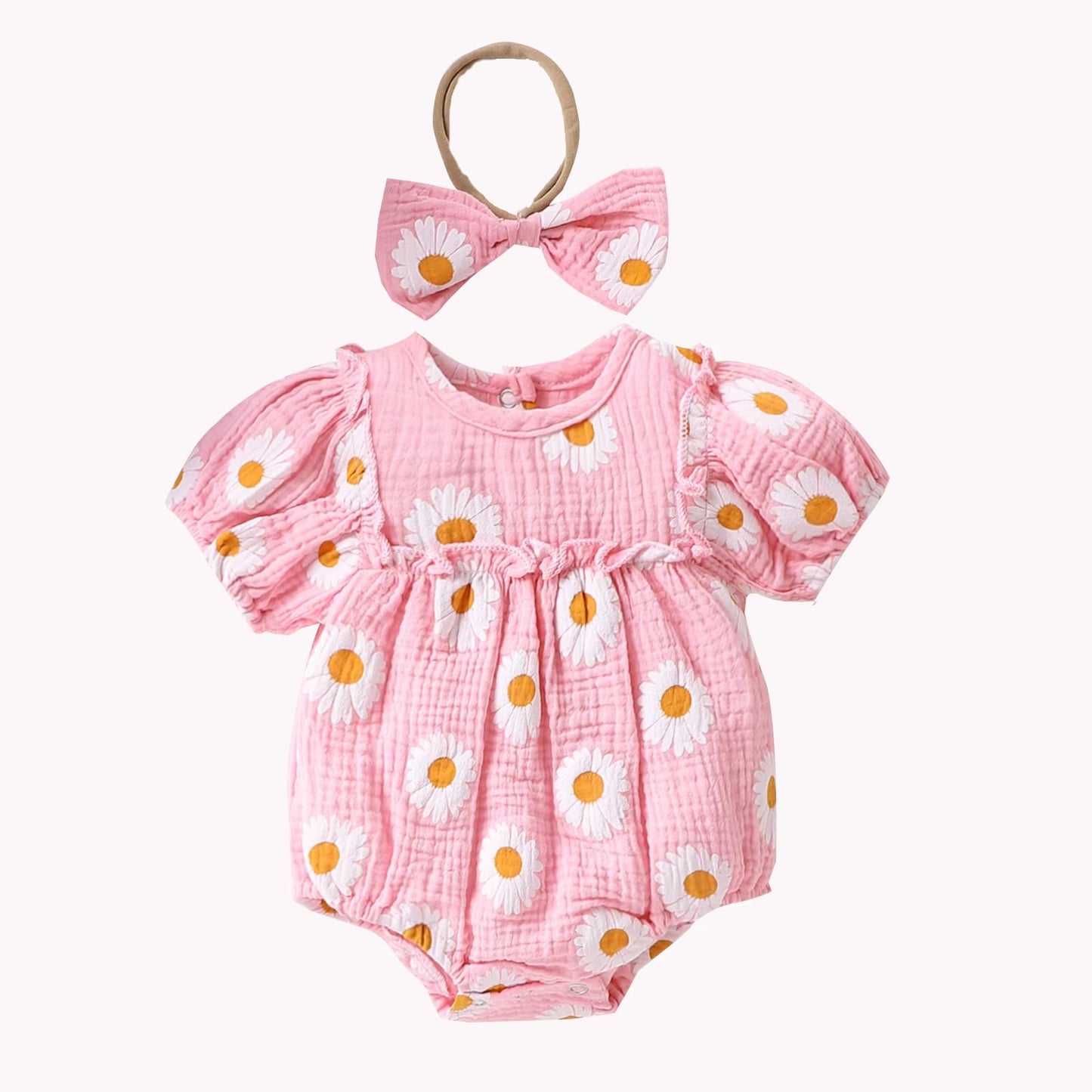 Summer Newborn Bubble Sleeve Pleated Lace Small Daisy Print Flower Jumpsuit Romper Baby Bodysuits